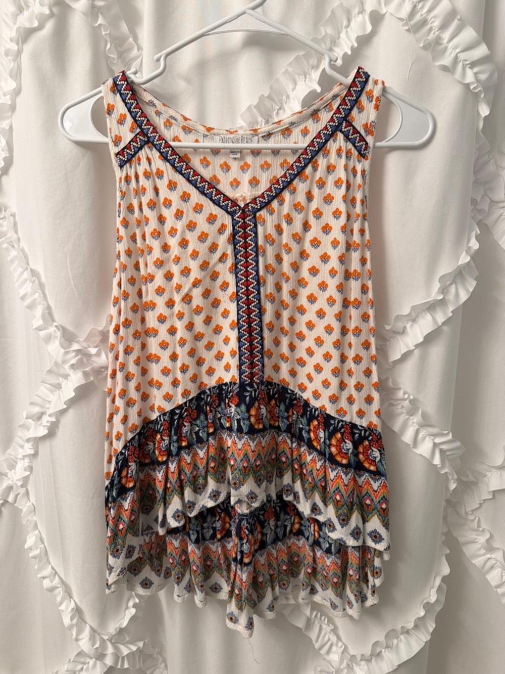 Patrons of Peace Cream Tank Top with Orange Floral Print and Navy Trim